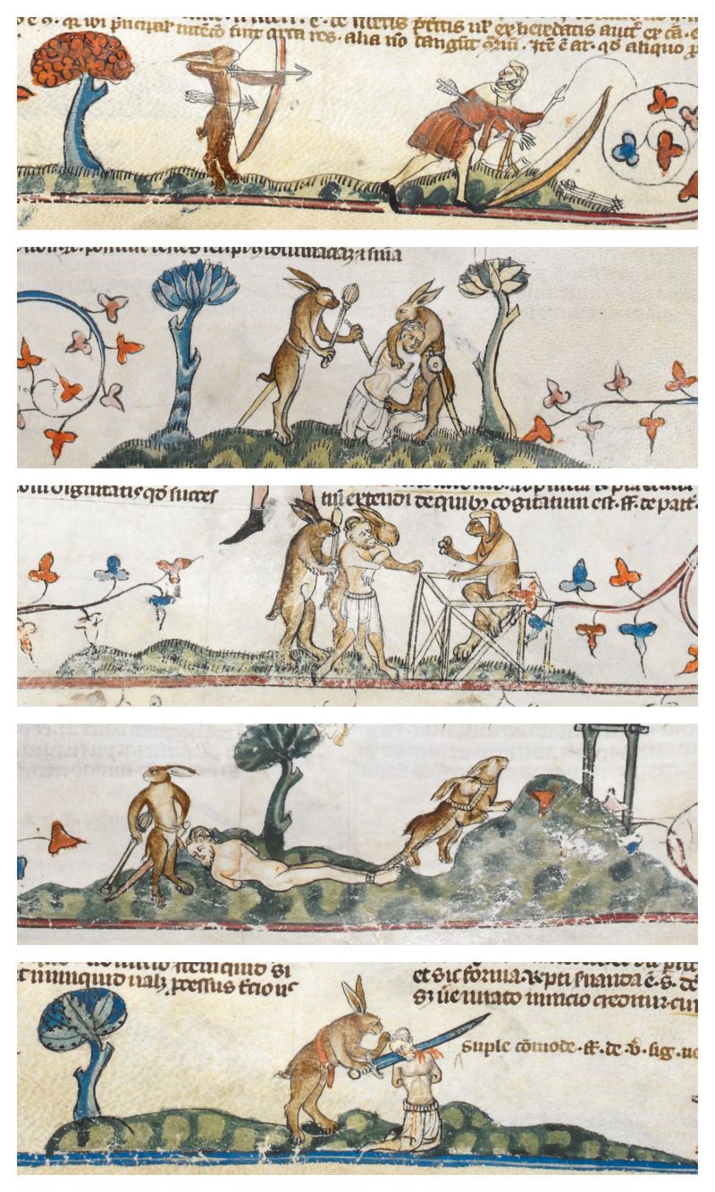stack of 5 details from a manuscript. 1. A rabbit uses a bow and arrow to shoot a hunter in the back. 2. Two rabbits tie up the hunter (now stripped of his clothing), 3. two rabbits bring the hunter before another rabbit who sits in a wooden frame and wears the deadwear to indicate it is a judge. 4. Two rabbits drag the nude man up a hill, another larger rabbit follows carrying a sword. 5. The rabbit uses a sword to behead the man