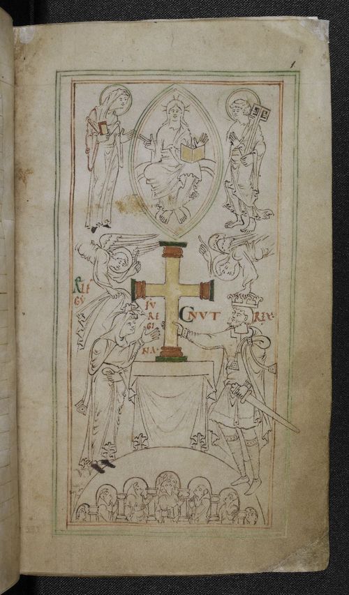 Drawing showing Cnut and his queen donating a cross to the New Minster.