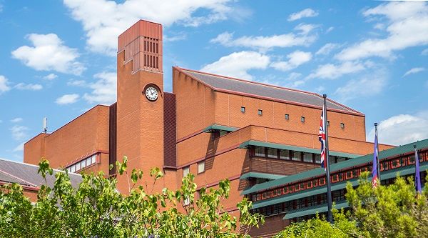 A photo of the outside of the British Library, London