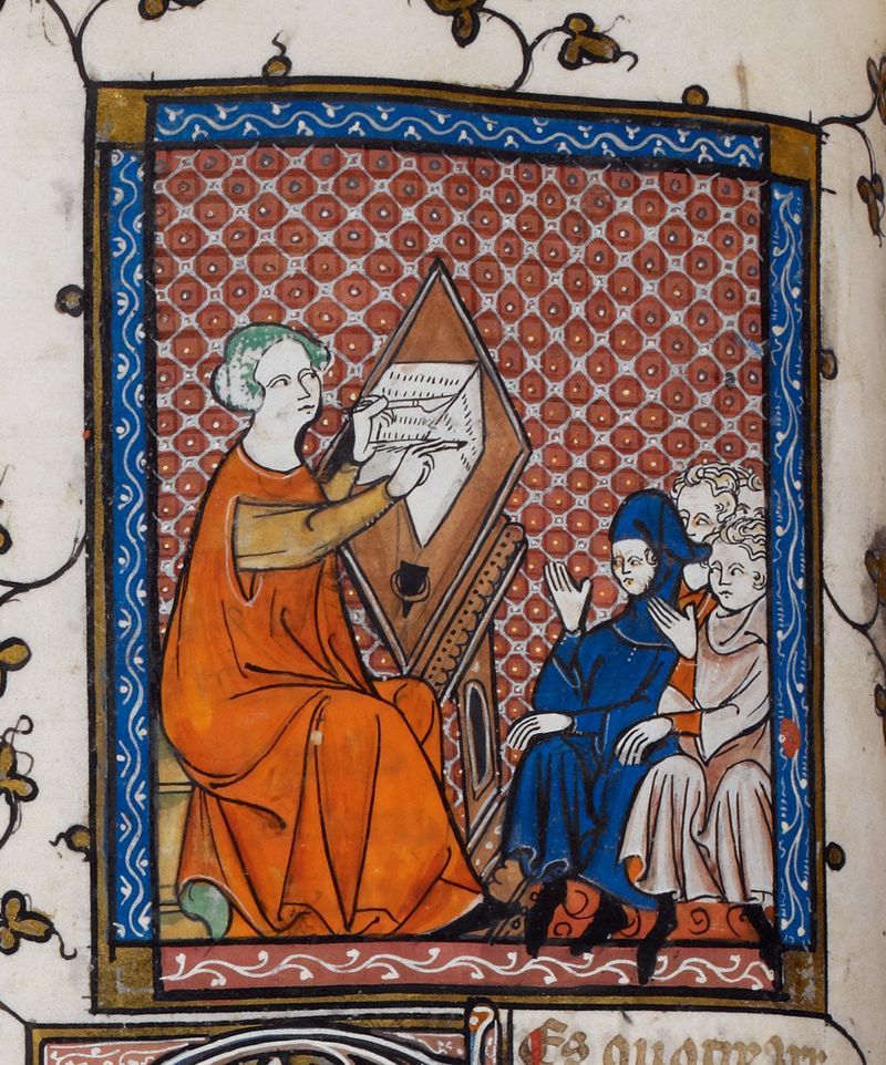 A detail from a 14th-century manuscript, showing an illustration of Prudence writing before her pupils.