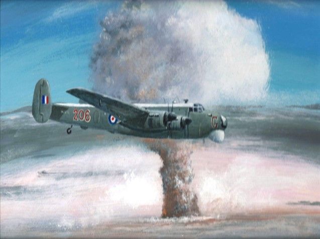 An Avro Shackleton in camouflage green flies in front of a large, grey mushroom cloud.