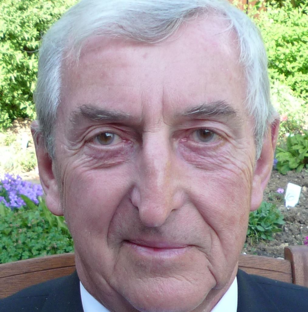 Elderly man with gray hair wearing a tuxedo with a colorful bow tie, looking directly at the camera with a composed expression, with greenery and flowers in the background.
