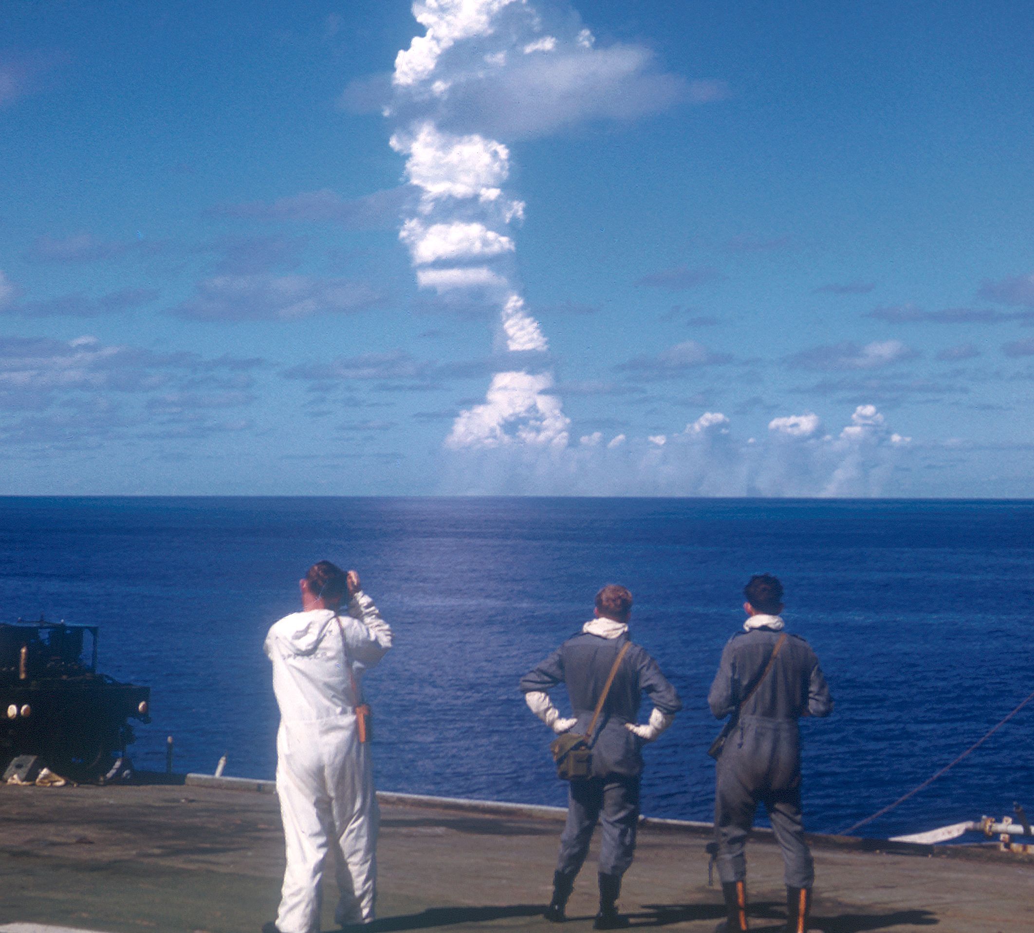 Navy personnel observe the mushroom cloud of Grapple Y whilst on deck.