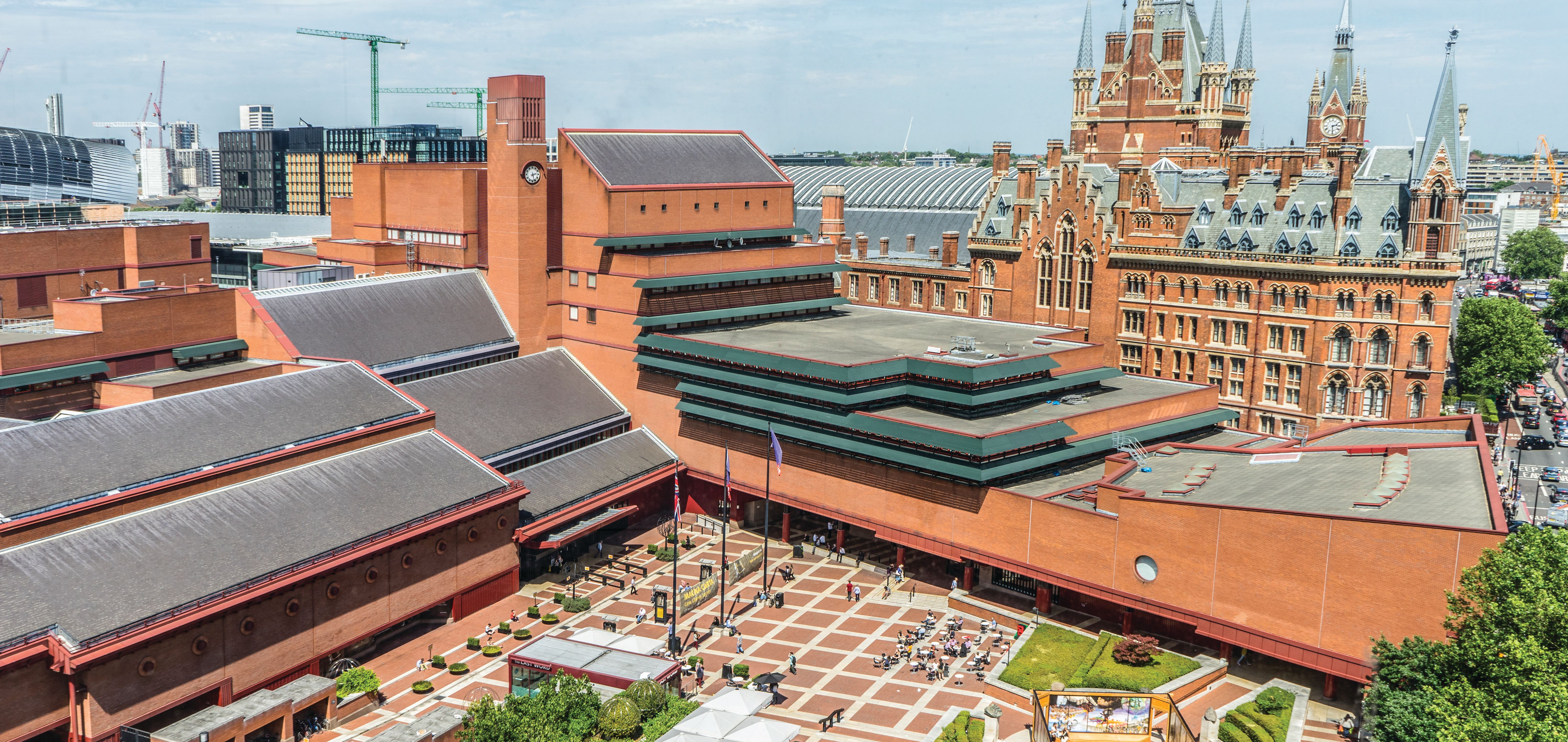 View of the British Library building and piazza in St Pancras, London from above