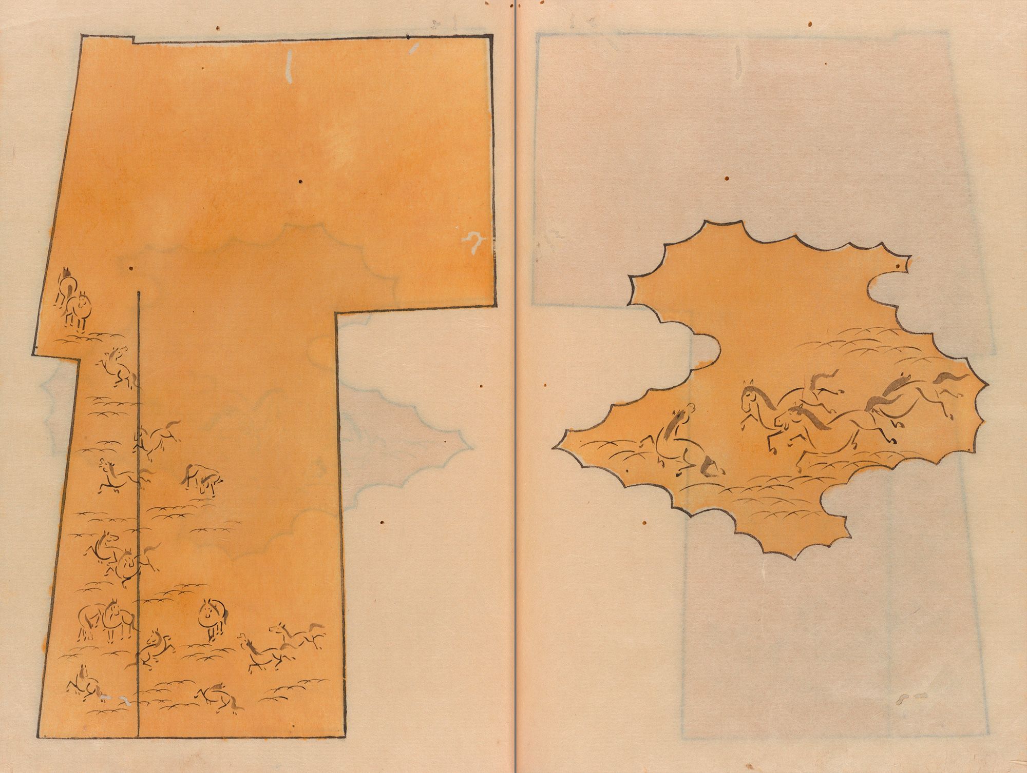 Japanese textile design featuring a herd of horses.