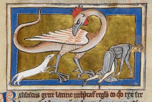 Detail of a basilisk killing a man with its gaze and being attacked by a weasel.