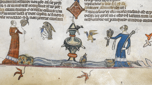 Detail of a bas-de-page scene of two women with hawks catching ducks, Royal MS 10 E IV, f. 78r