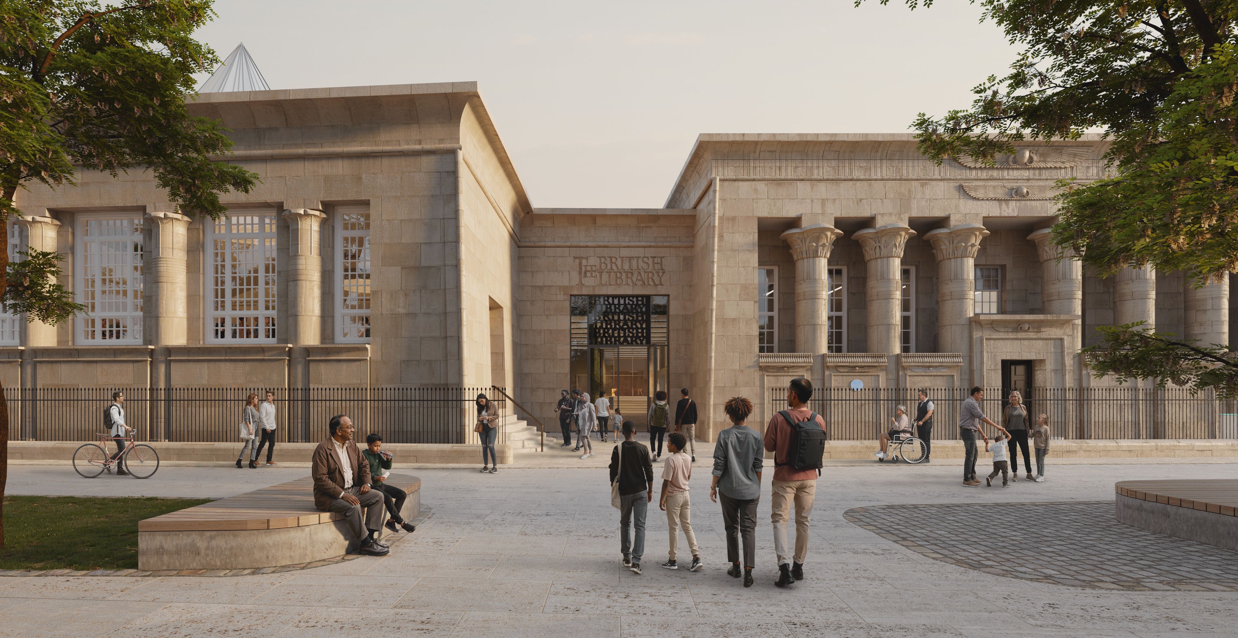An artist impression of different groups of people in front of a large building with an Egyptian-style frontage.
