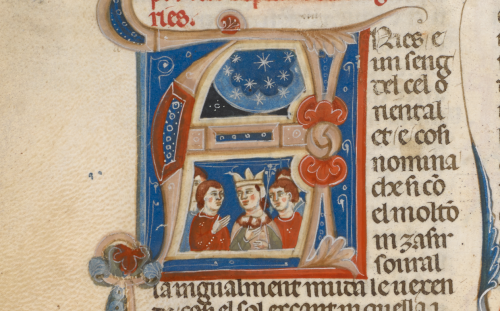 A historiated initial from an early 14th-century Italian manuscript, containing an illustration of three figures observing the stars.