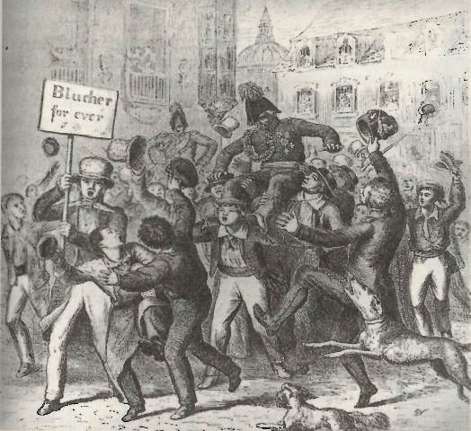 Illustration of Blücher being carried on the shoulders of a crowd in London