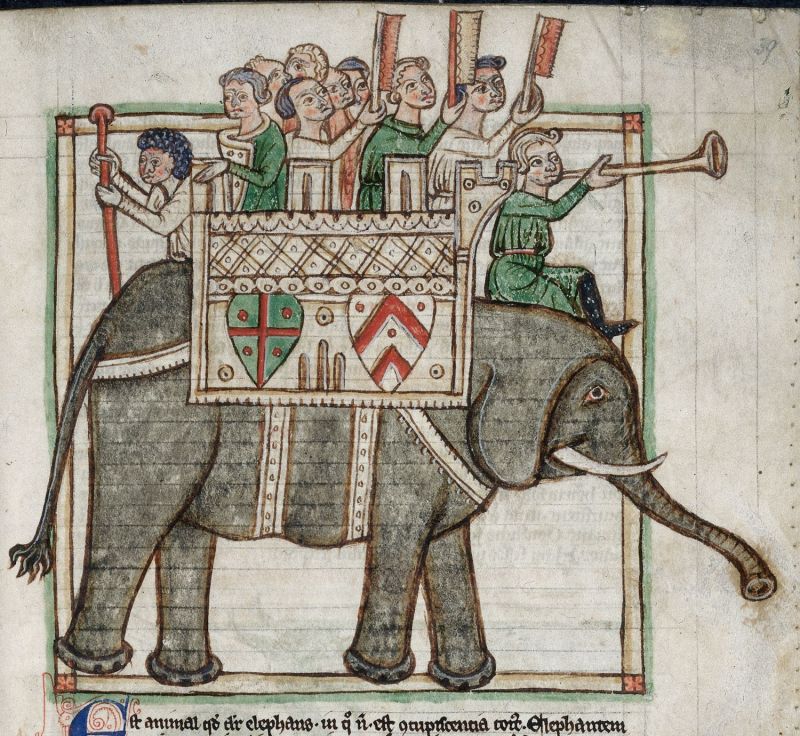 Illustration of an elephant. On its back is a tower in which there are men holding banners, weapons and trumpets