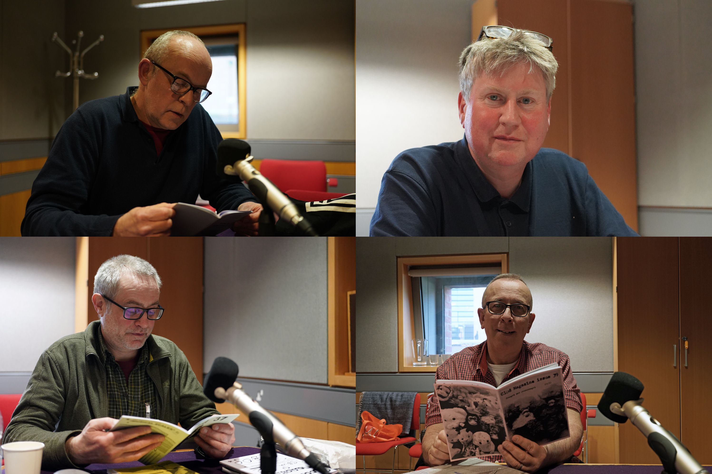 Collage of four men in a recording studio setting. Two are reading from magazines into microphones, one is holding a book, and another is seated facing the camera.