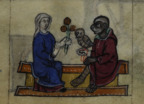 A detail from the Maastricht Hours, showing a marginal illustration of a woman and a courting monkey with an owl.