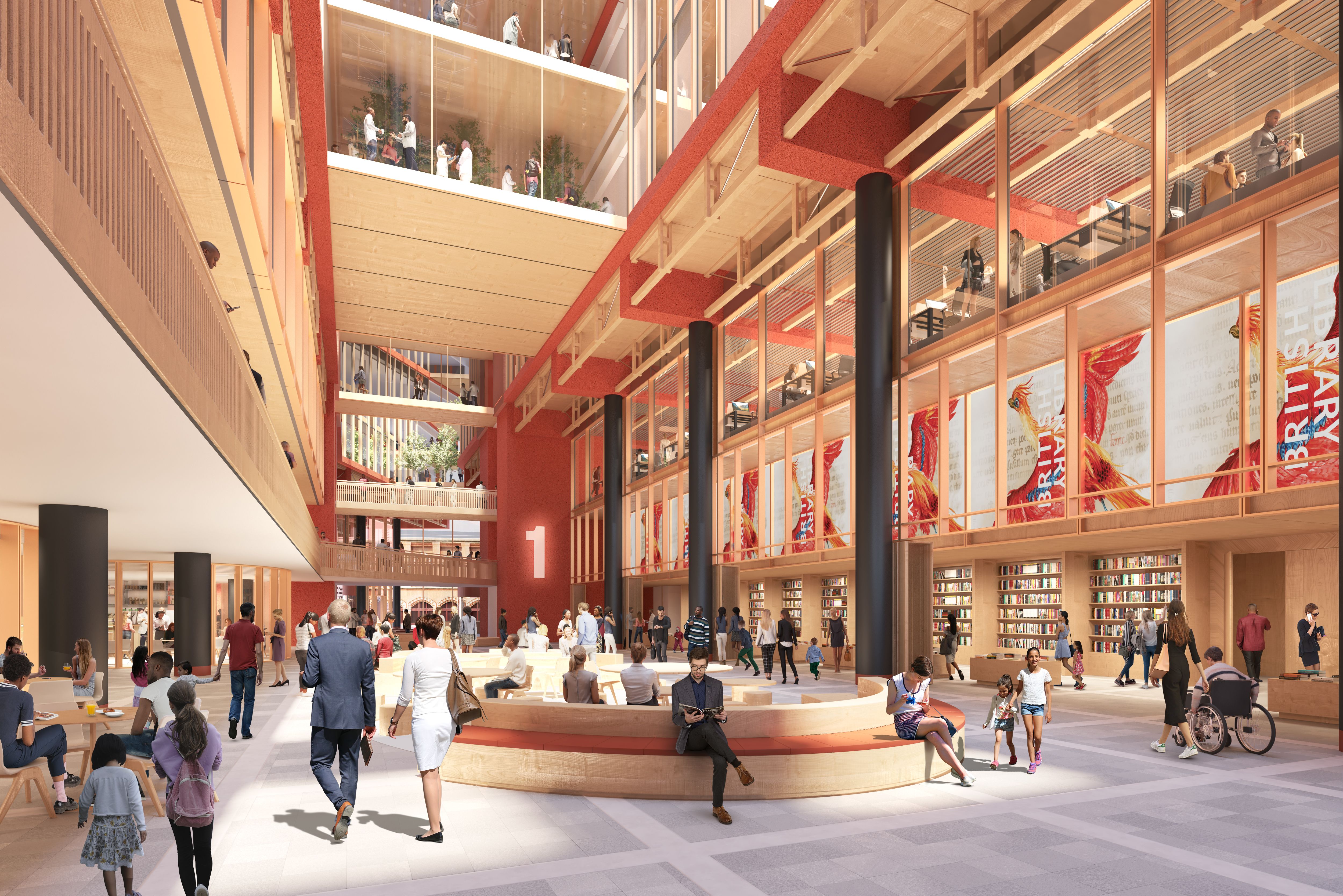 Illustrative view of the renovated British Library Foyer (looking east).