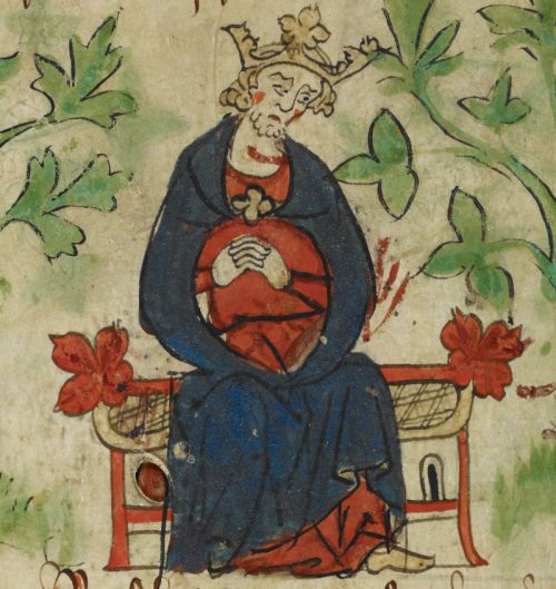 Detail of King Henry I wringing his hands in grief. He wears a crown