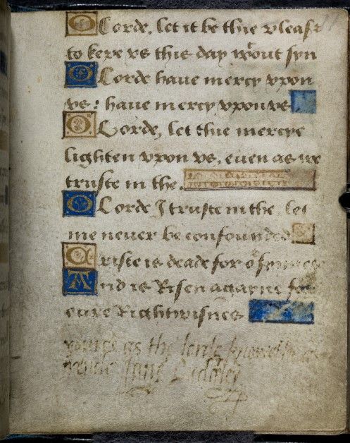 Jane’s signature below her message to Sir John Brydges written in brown ink that has now faded in the lower margin of a page of her prayer book.