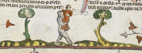 Wodewose votes with his feet (and captivating arms), Smithfield Decretals, Southern France (?Toulouse), c. 1300–1340, Royal MS 10 E IV, f. 72v.