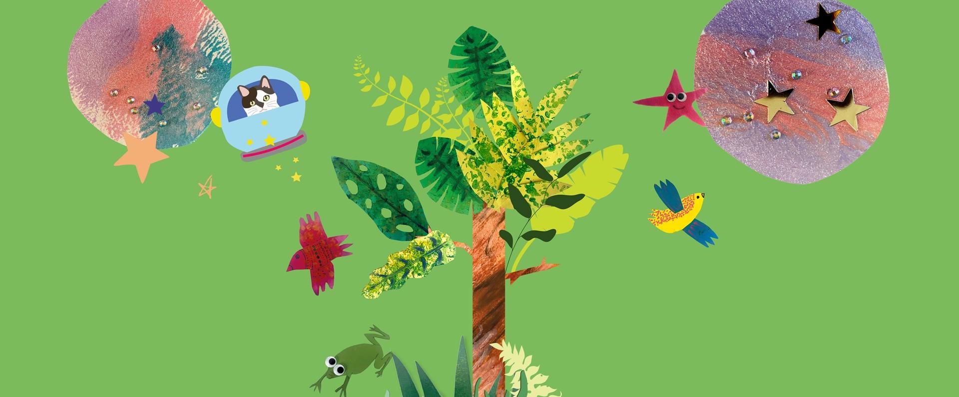 An illustration for the Story Explorers exhibition at the British Library, including a montage of different elements, including two moons, a cat in a spaceship, two birds, a frog, a tree and stars.