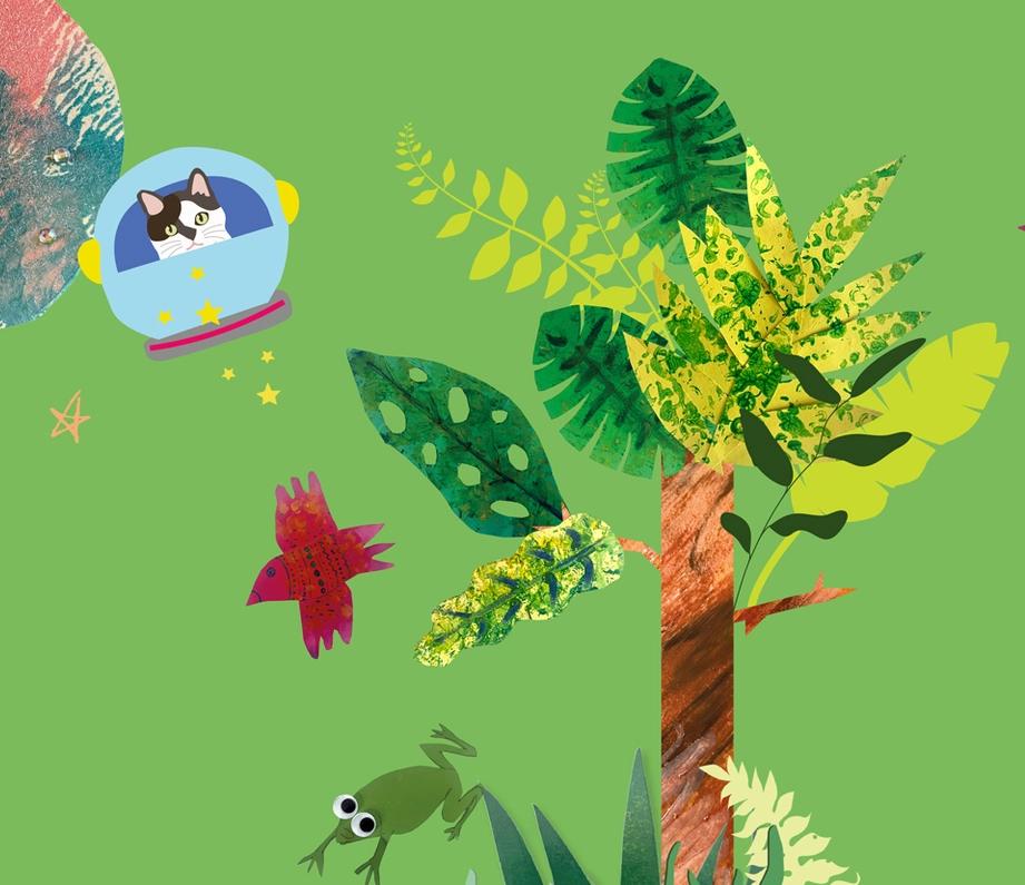An illustration for the Story Explorers exhibition at the British Library, including a montage of different elements, including two moons, a cat in a spaceship, two birds, a frog, a tree and stars.