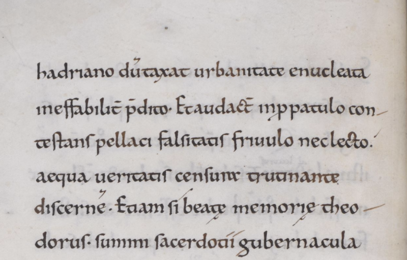 A detail from an 11th-century manuscript, showing part of Aldhelm's letter to Hadrian.