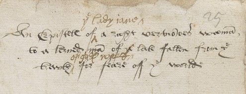 The title of Jane’s letter to a Protestant who has converted to Catholicism, written in brown ink.