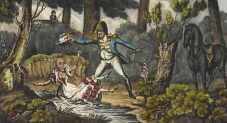 Woman sitting in a stream with a man in uniform snatching her wig, revealing her bald head